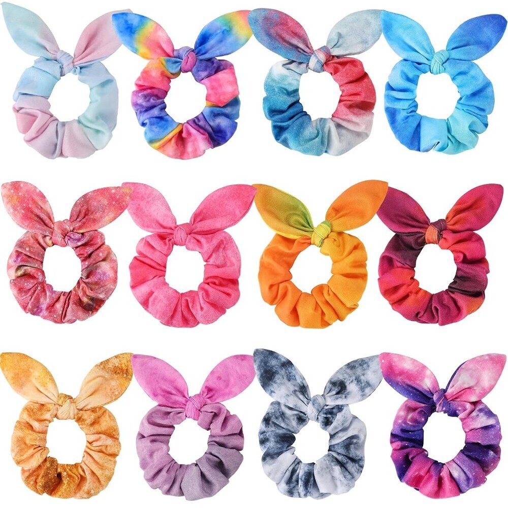 Bow Scrunchies for Hair, 12 Pcs Cute Rabbit Bunny Ear Scrunchies, Fashion Colorf